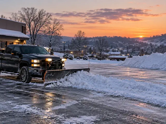 Pickup plowing a small strip-center parking lot with snow pushed into the far corner