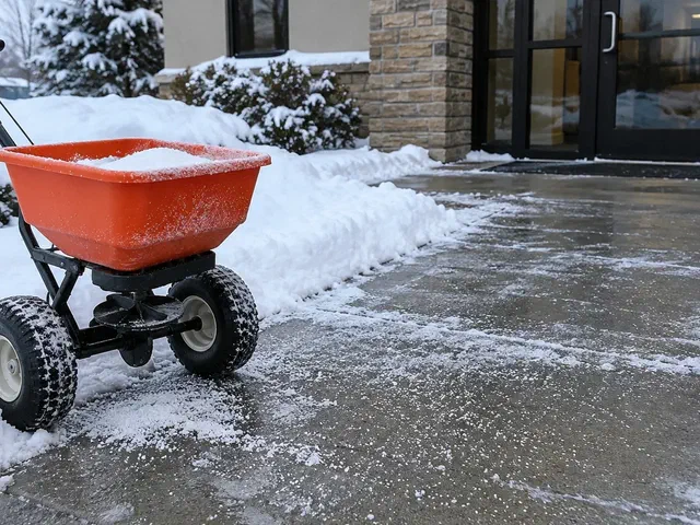Broadcast salt spreader beside a shoveled walkway with icy patches near a business entrance