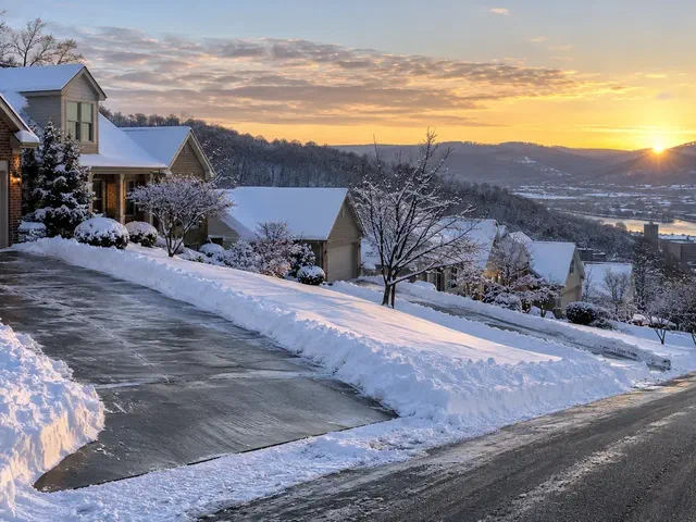 Row of plowed driveways along a snowy hillside street at first light