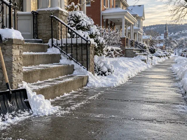 Freshly shoveled sidewalk and porch steps in front of older Clarksburg houses
